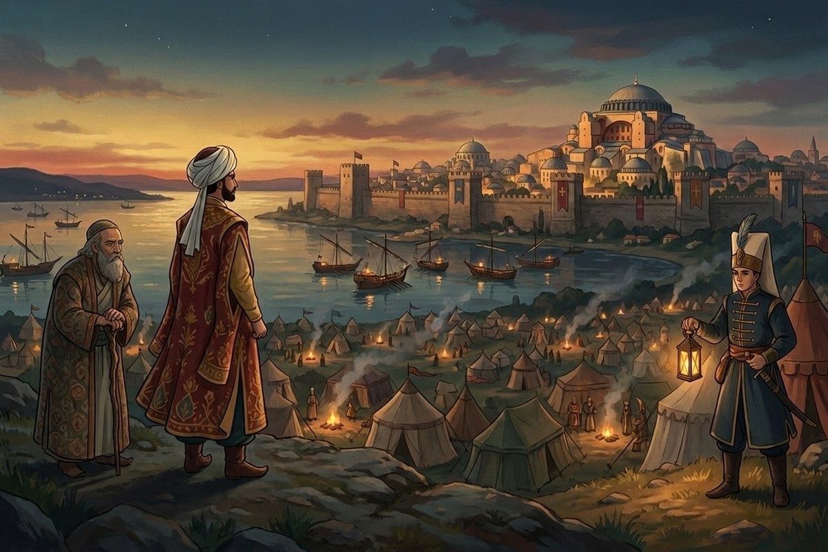 A young Ottoman sultan and his companions look out at the walls of Constantinople at dusk.