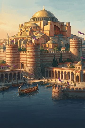 Byzantium: the domes of a great church above harbour walls.