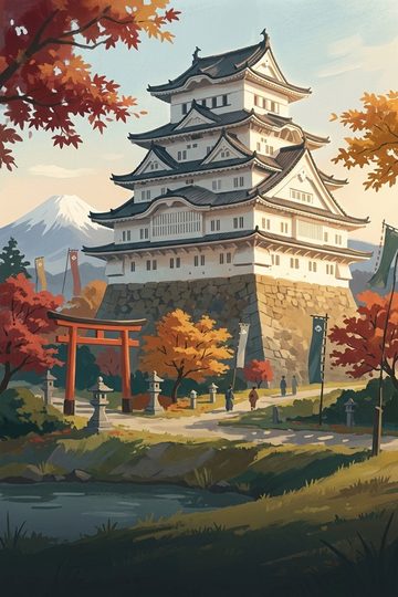 Japan: a white castle keep among autumn maples.