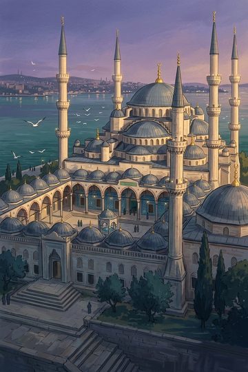 Ottoman: a domed mosque with slender minarets.