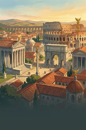 Rome: the Colosseum and a triumphal arch above red-roofed streets.