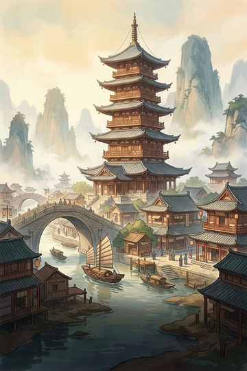 Song: a pagoda and an arched bridge among misty peaks.