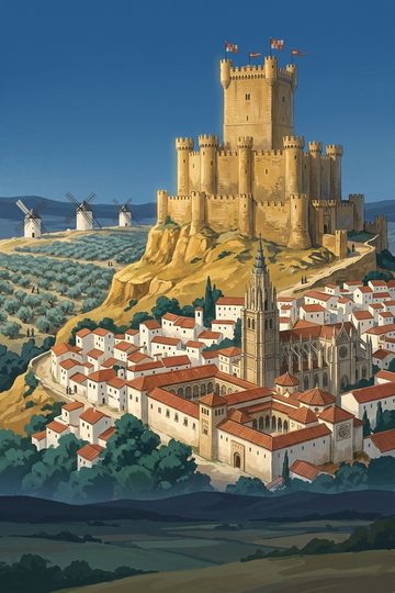 Spain: a hilltop castle over a white town and windmills.