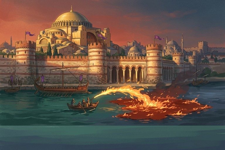 Byzantine ships loosing Greek fire before the walls of Constantinople.