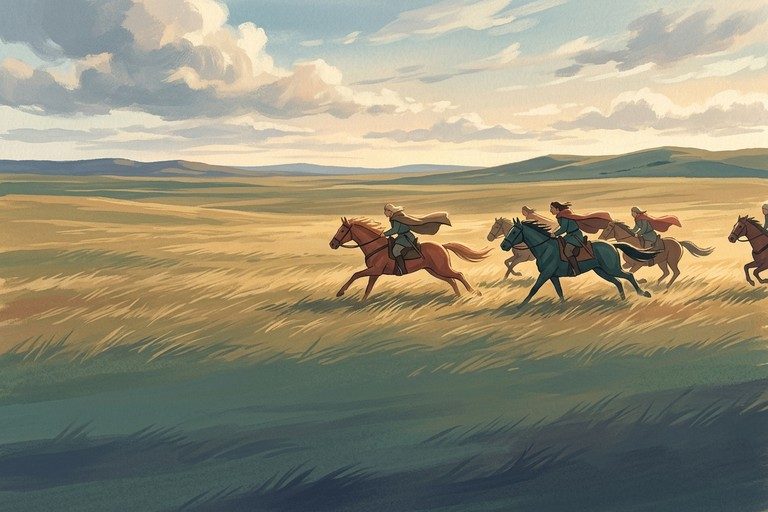 Horsemen galloping across open grassland.