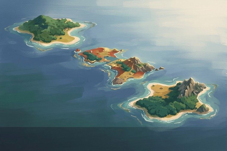 An archipelago map of small green islands in a blue sea.