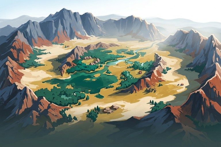 A ring of forest inside a crater of red mountains.