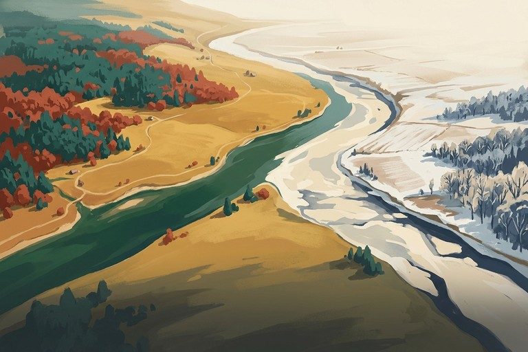 A river valley map, green and autumnal on one bank and snowbound on the other.