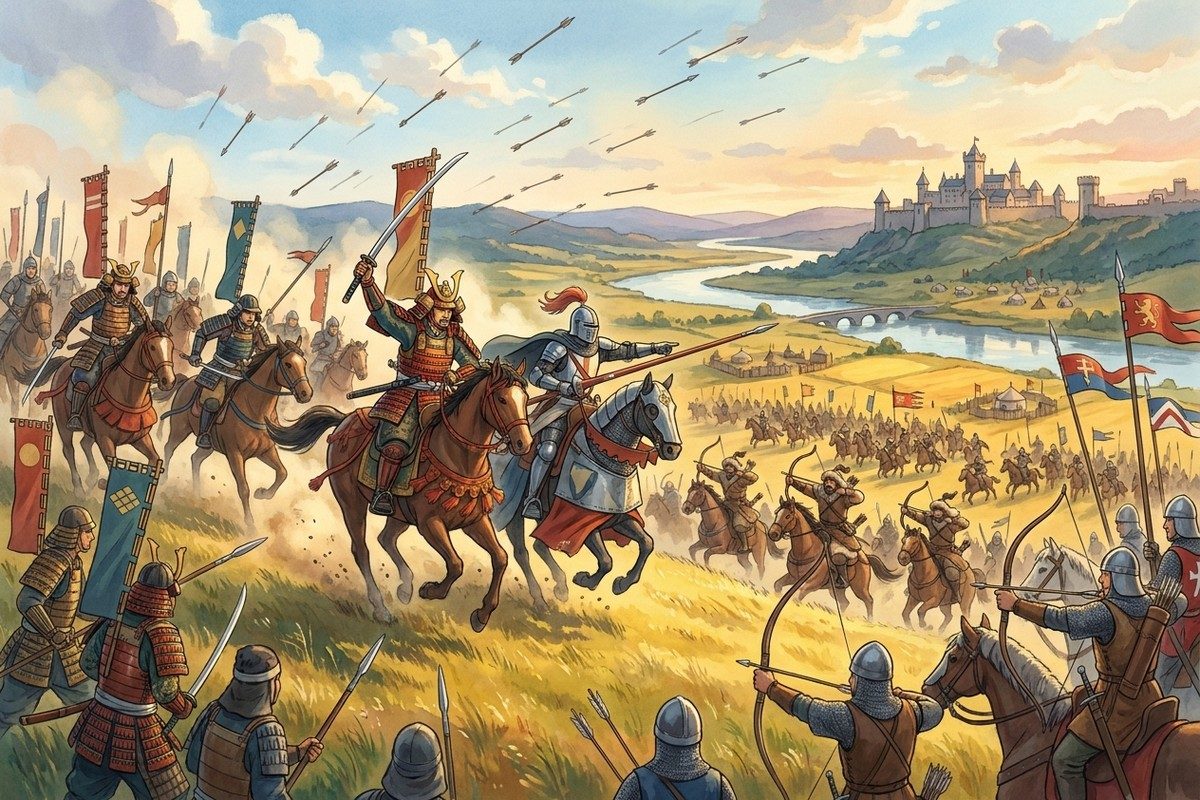 Samurai and English knights charge side by side against Mongol horse archers.