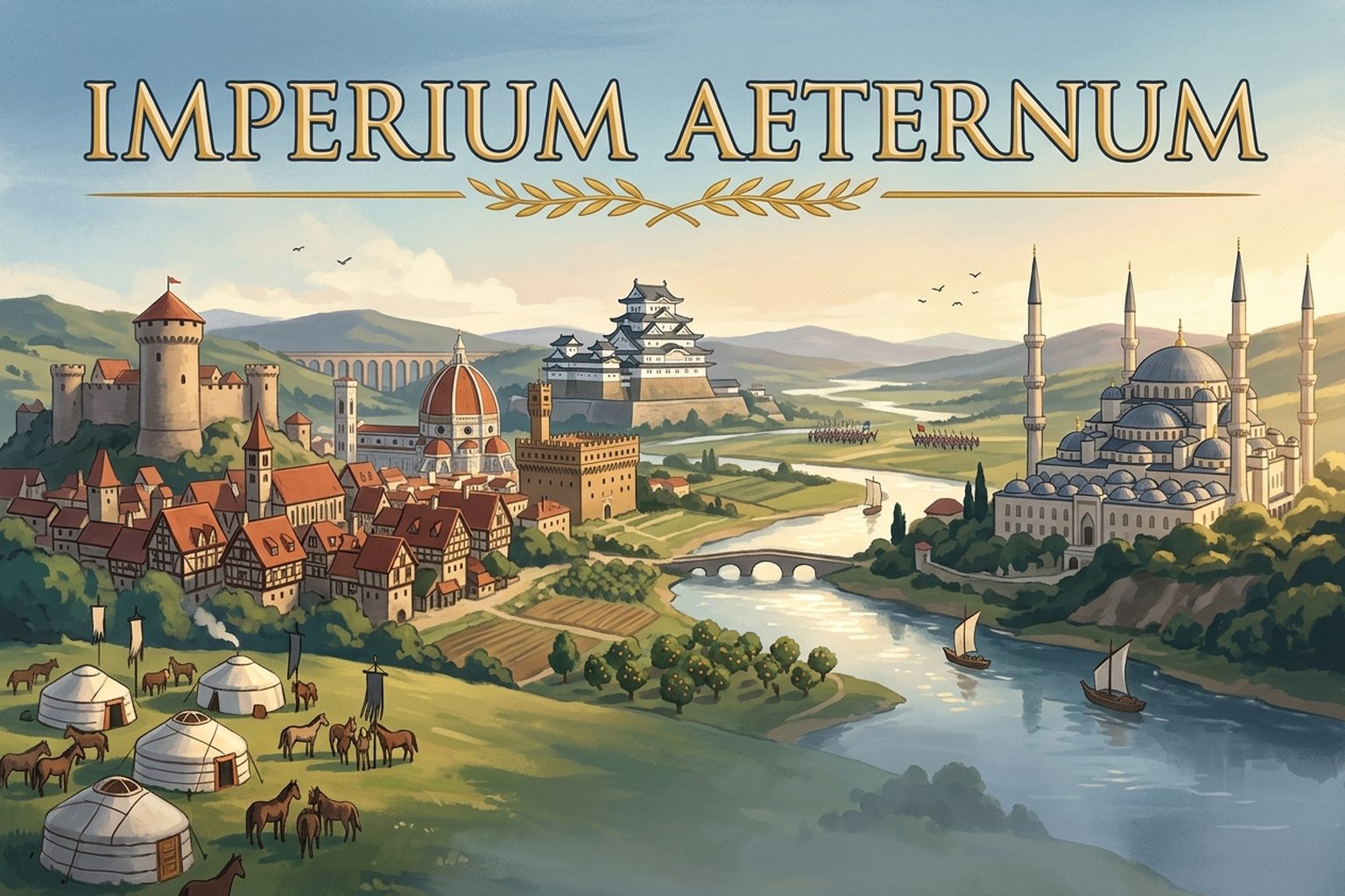 Imperium Aeternum: a painted valley where a European castle town, a Florentine dome, a Japanese castle, an Ottoman mosque and a steppe camp share one river.